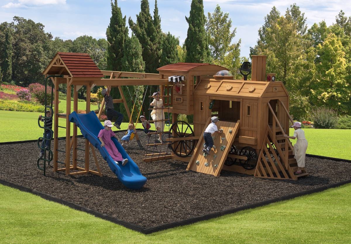 Play sets. Playset. Wood Playground. Funny Outdoor Playground for Kids with Train and Entertainment for children.